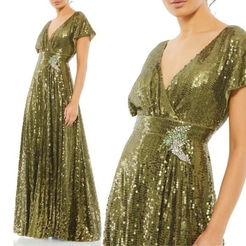$598 Mac Duggal Size 8 Green Sequin‎ V-Neck Flutter Sleeve Long Maxi Gown Dress - Picture 3 of 6